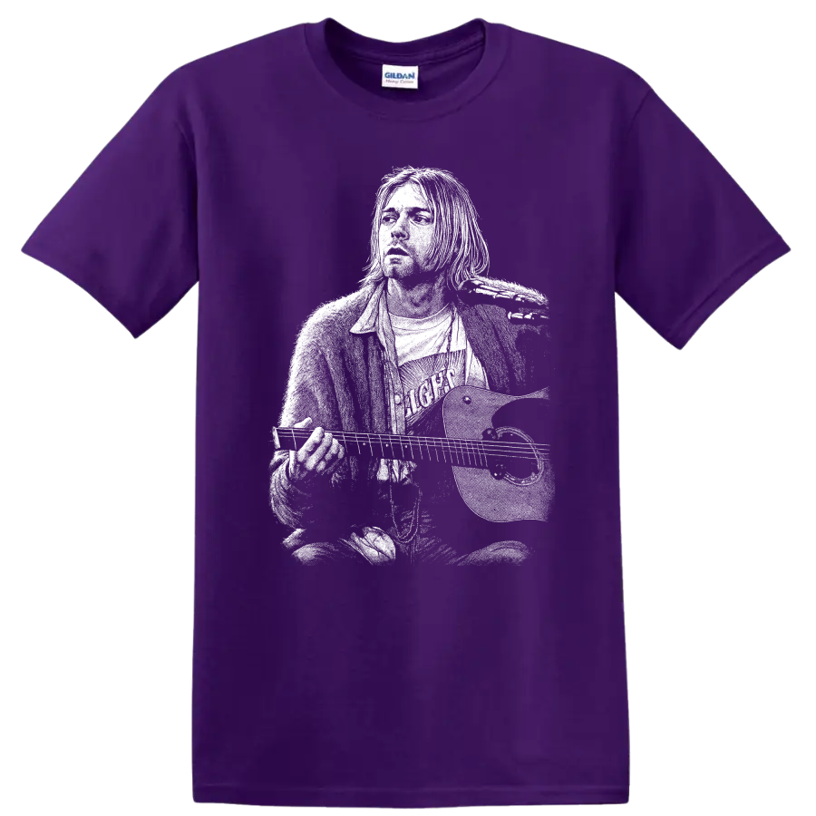 Kurt Cobain Nirvana Rock Legends Tribute T Shirt on a Purple T Shirt