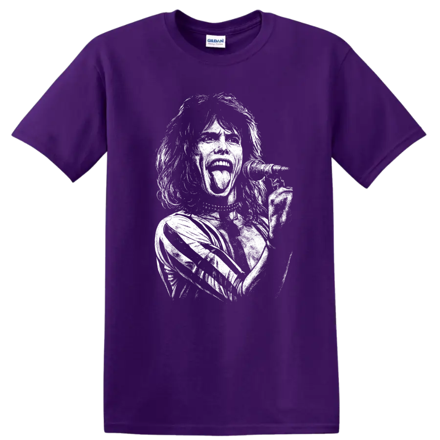 Mick Jagger The Rolling Stones Rock Legends T Shirt on a Purple T Shirt
