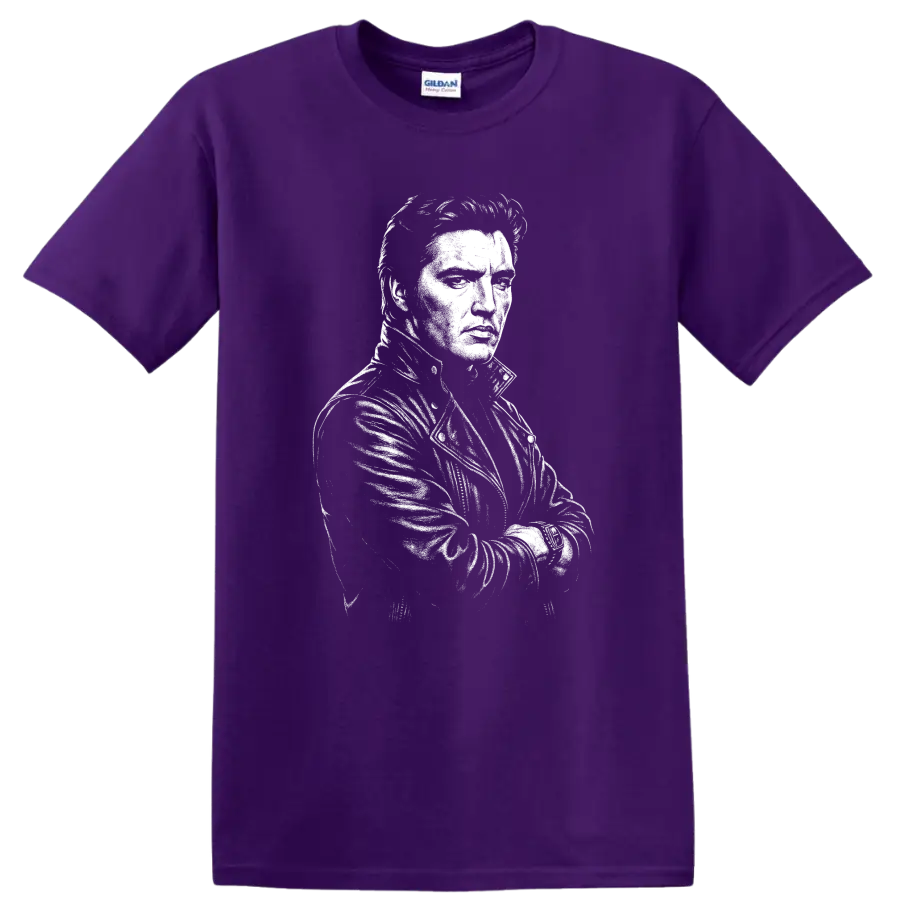 Elvis Presley King of Rock and Roll Portrait T Shirt on a Purple T Shirt