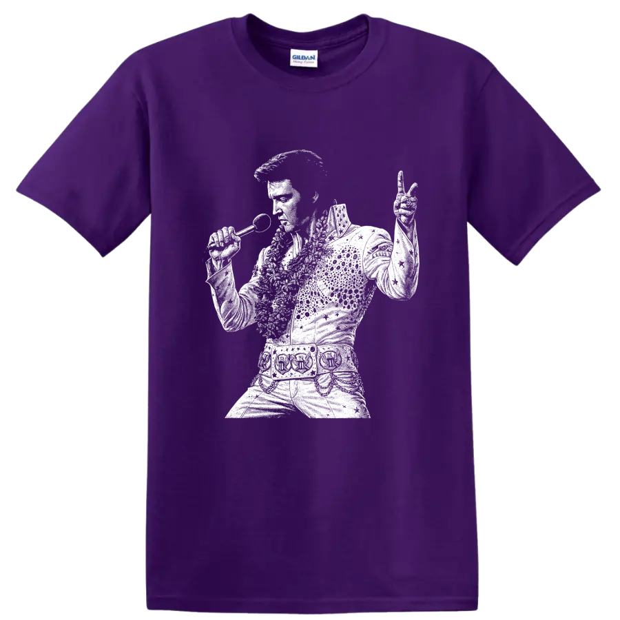 Elvis Presley King of Rock and Roll Silhouette T Shirt on a Purple T Shirt