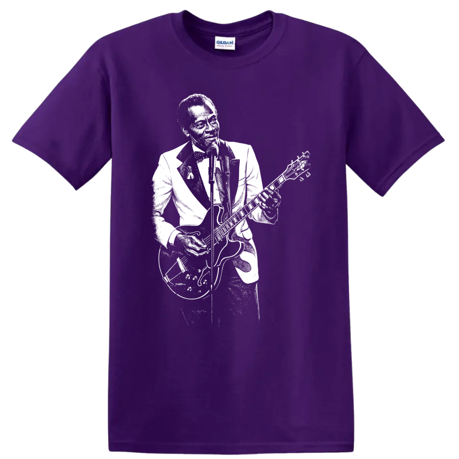 Chuck Berry Rock Legends Silhouette T Shirt on a Purple T Shirt