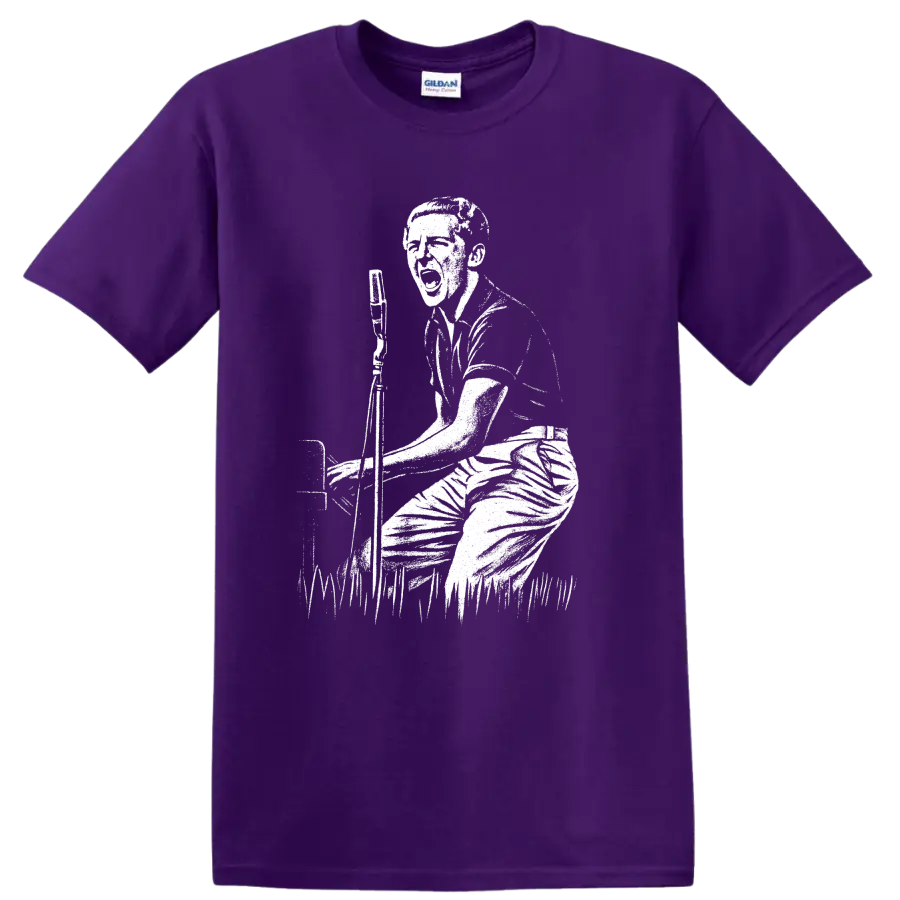 Jerry Lee Lewis Piano Rock Legend T Shirt Vintage Musician Concert Graphic Tee on a Purple T Shirt