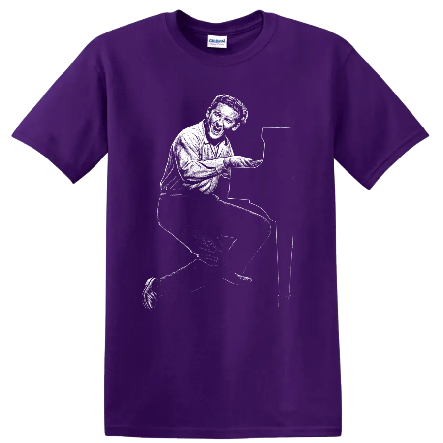 Jerry Lee Lewis T Shirt Rock Legend Piano Player Silhouette Music Fan Gift Tee on a Purple T Shirt