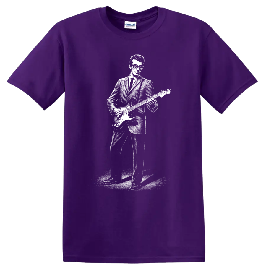Buddy Holly T Shirt Rock Legend Guitar Player Silhouette Music Fan Tee Gift Cool on a Purple T Shirt