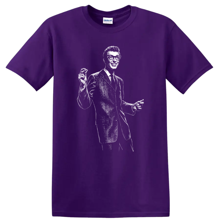 Buddy Holly Rock Legends Tribute T Shirt Vintage Music Icon on a Purple T Shirt