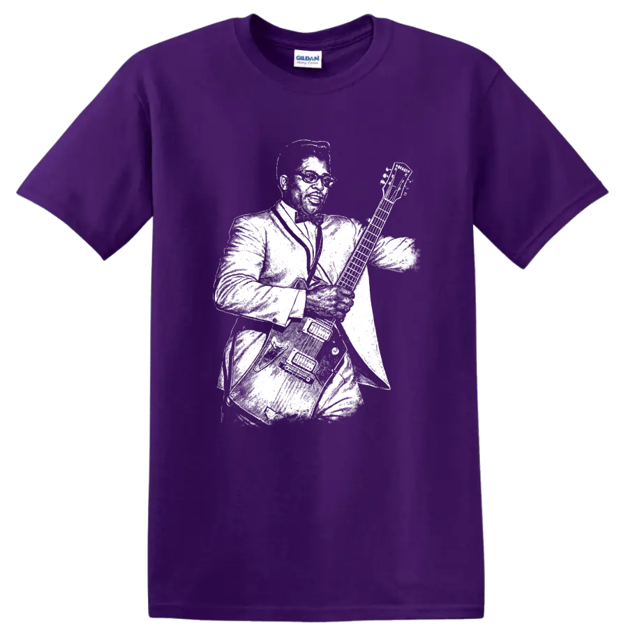Bo Diddley Rock Legends Silhouette T Shirt on a Purple T Shirt