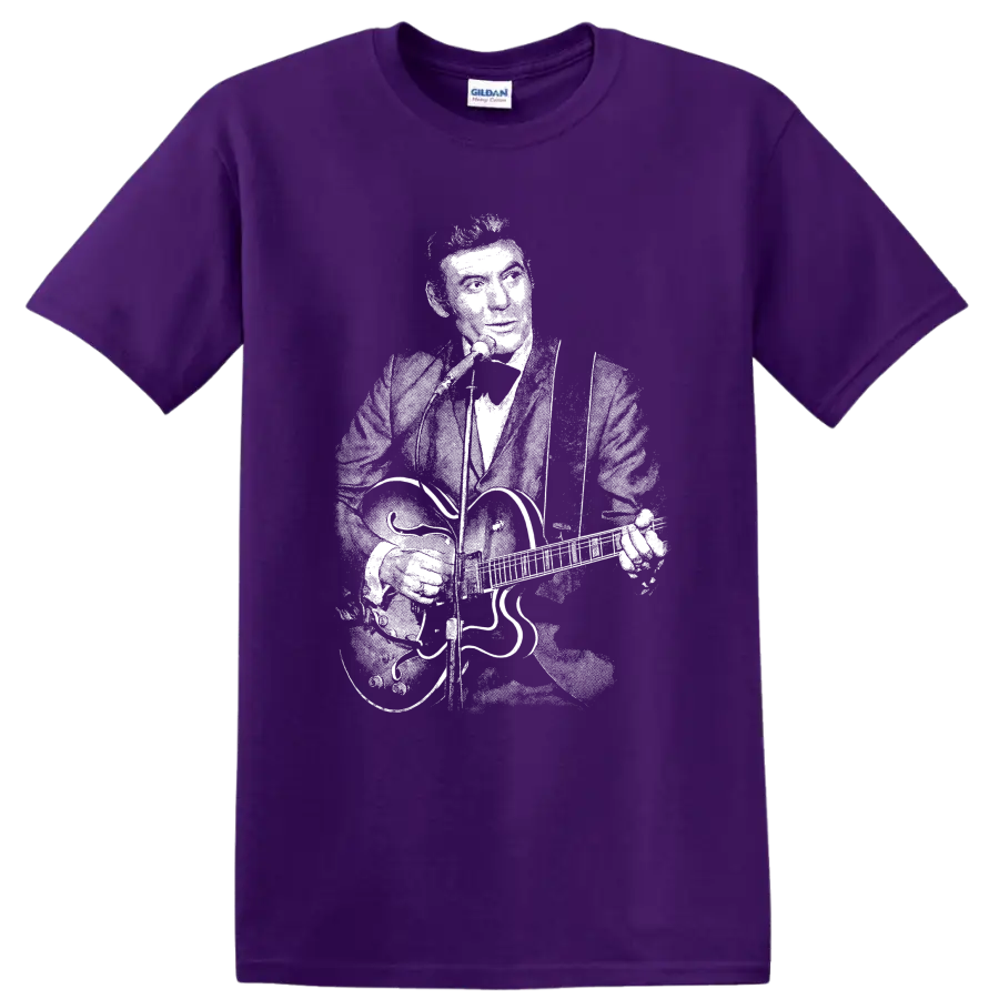 Carl Perkins Rock Legends Portrait T Shirt for Classic Rock Fans on a Purple T Shirt