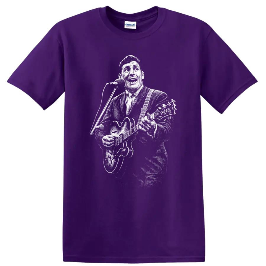Carl Perkins Rock Legends Tribute T Shirt for Classic Music Fans on a Purple T Shirt