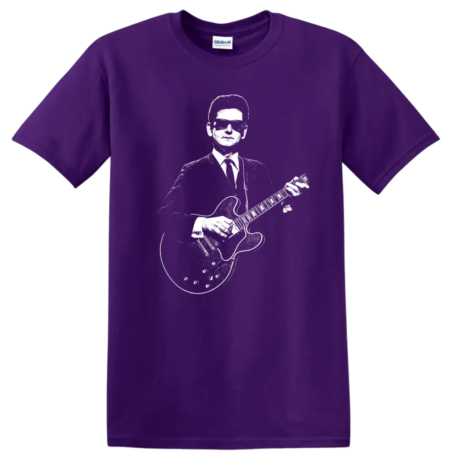 Roy Orbison Rock Legends Pixel Art Guitar T Shirt on a Purple T Shirt