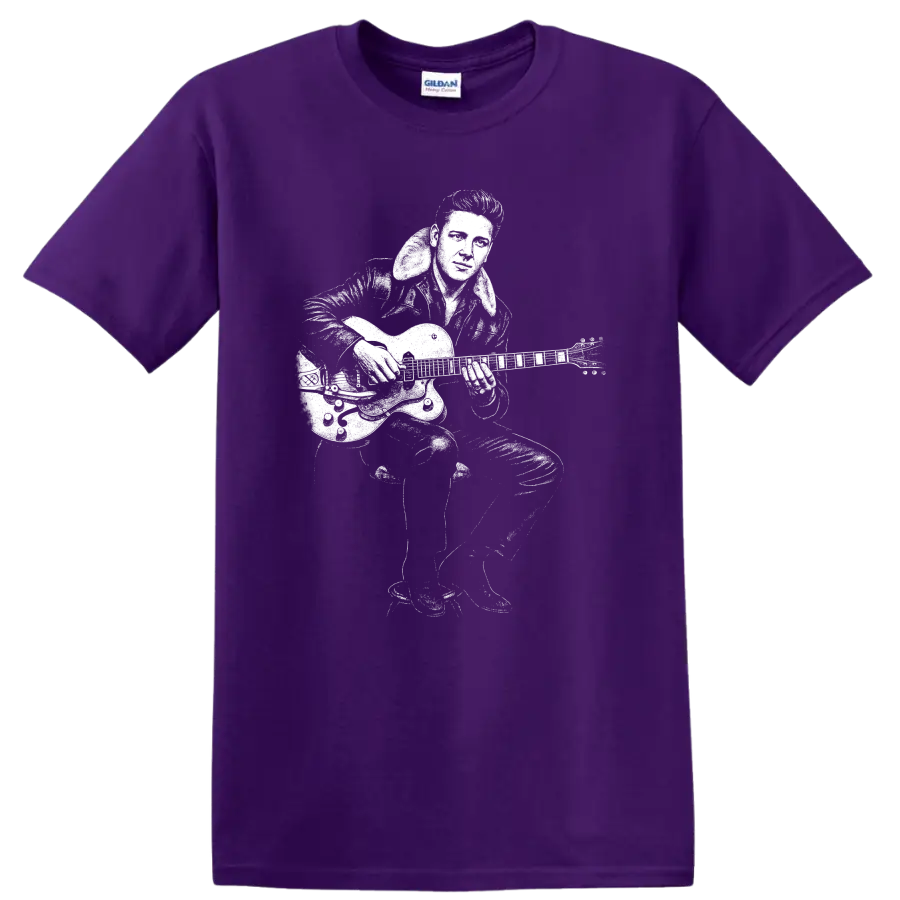 Elvis Presley King of Rock and Roll Tribute T Shirt Classic Rock Legend on a Purple T Shirt