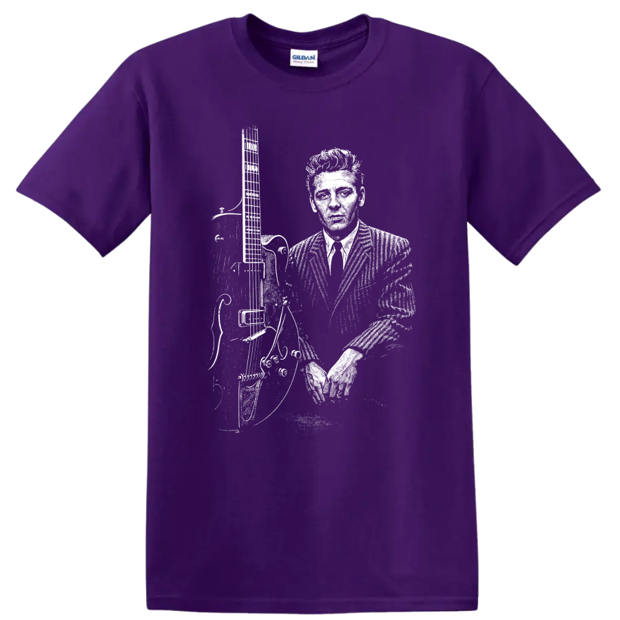 Eddie Cochran Rock Legends Silhouette Guitar T Shirt on a Purple T Shirt