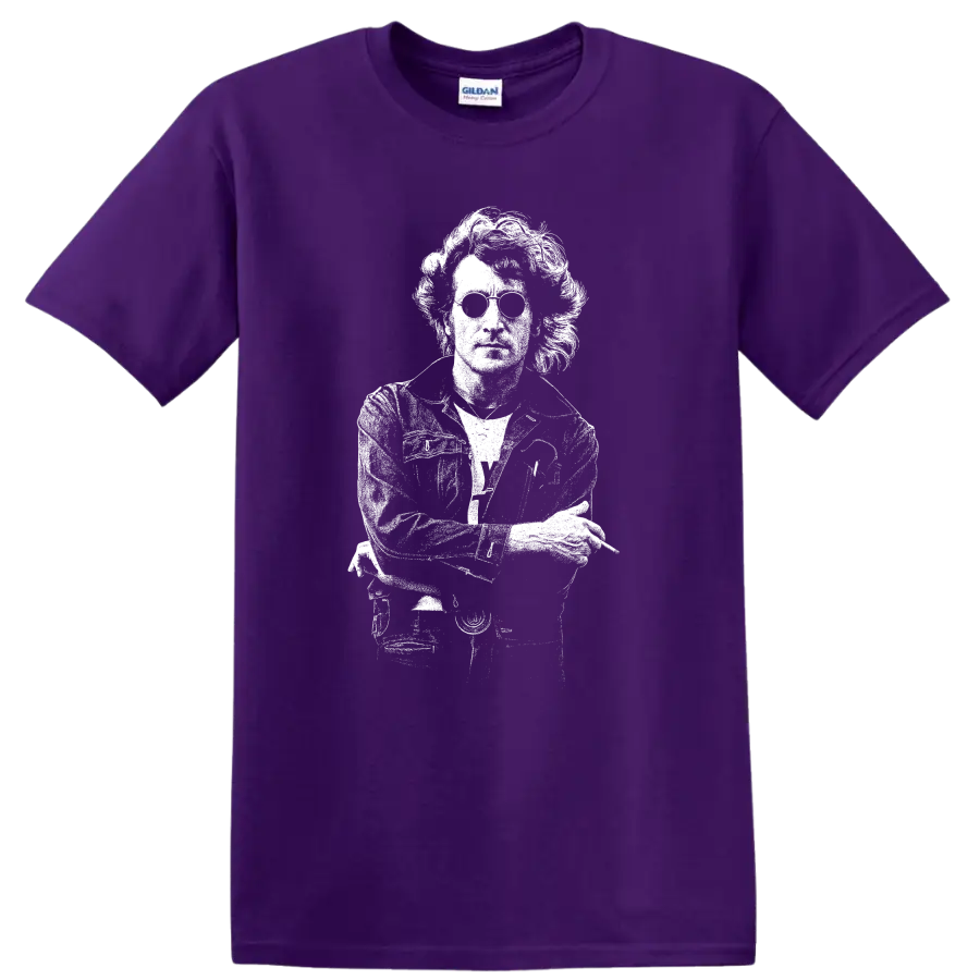 John Lennon The Beatles Rock Legends Portrait T Shirt on a Purple T Shirt