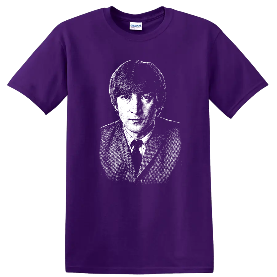 John Lennon The Beatles Rock Legends Portrait T Shirt on a Purple T Shirt