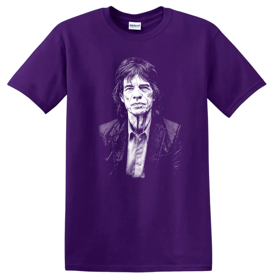 Mick Jagger The Rolling Stones Rock Legends Portrait T Shirt on a Purple T Shirt