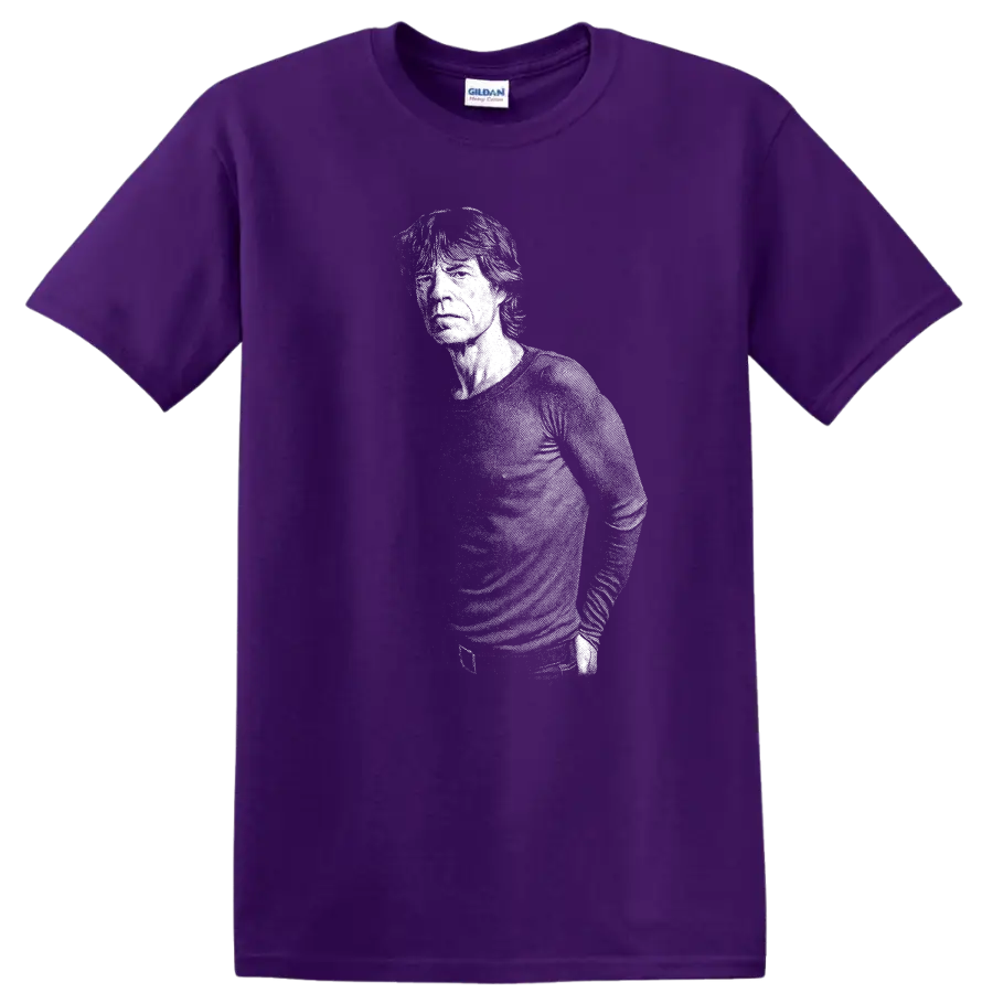 Mick Jagger The Rolling Stones Rock Legends T Shirt Classic Music Fan Tee on a Purple T Shirt