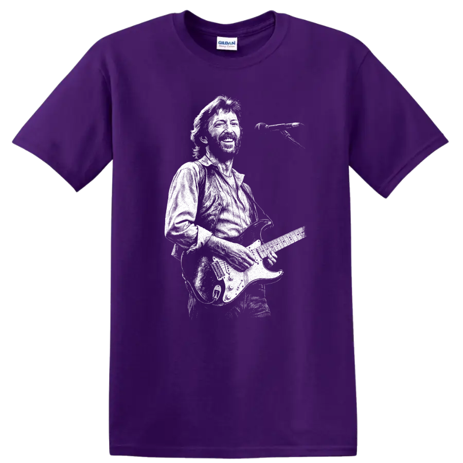Eric Clapton Rock Legends Guitar Silhouette Unisex T Shirt on a Purple T Shirt