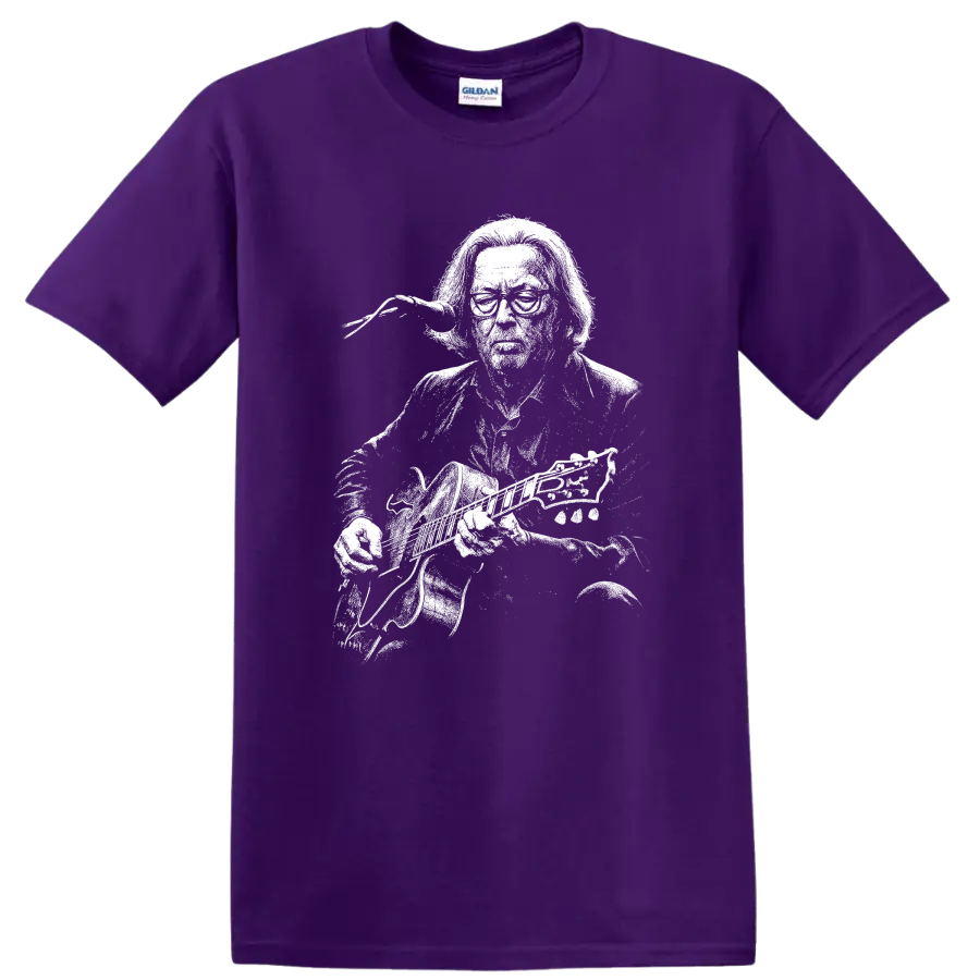 Eric Clapton Rock Legends Silhouette Guitar T Shirt on a Purple T Shirt