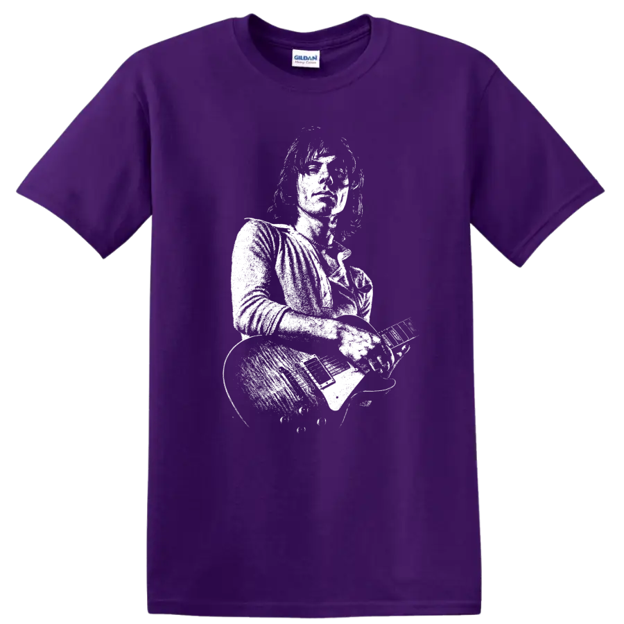 Jeff Beck Rock Legends Tribute Graphic T Shirt for Classic Music Fans on a Purple T Shirt