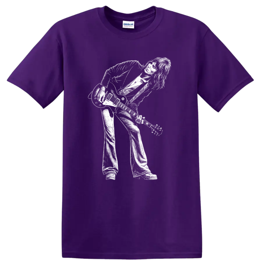 Jeff Beck Rock Legends Portrait T Shirt for Classic Guitar Fans on a Purple T Shirt
