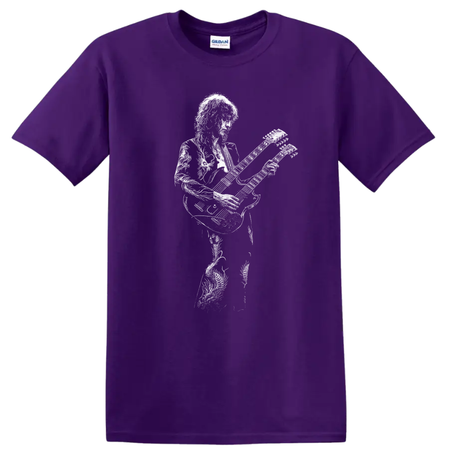 Jimmy Page Led Zeppelin Rock Legends Silhouette Guitar T Shirt on a Purple T Shirt