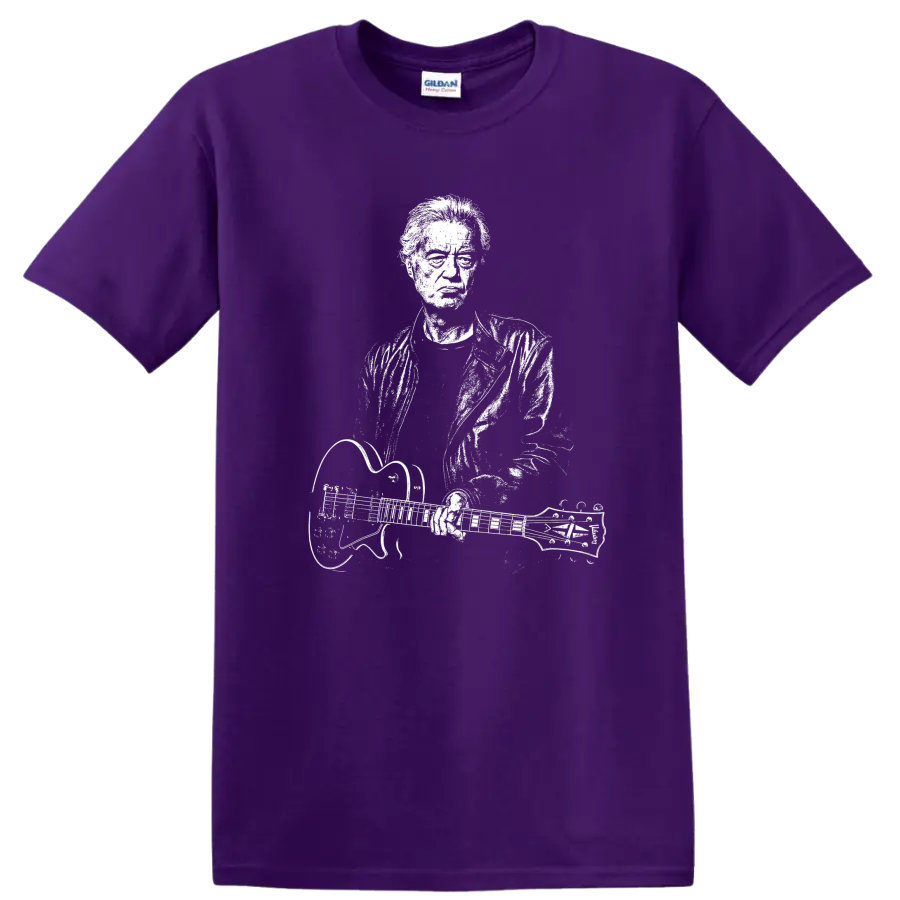 Jimmy Page Led Zeppelin Rock Legends Tribute T Shirt for Fans on a Purple T Shirt