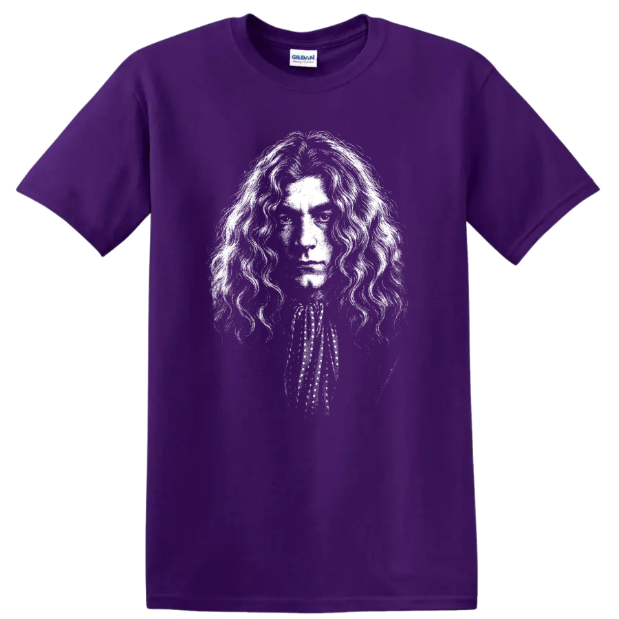 Robert Plant Led Zeppelin Rock Legends Tribute T Shirt Classic Portrait on a Purple T Shirt