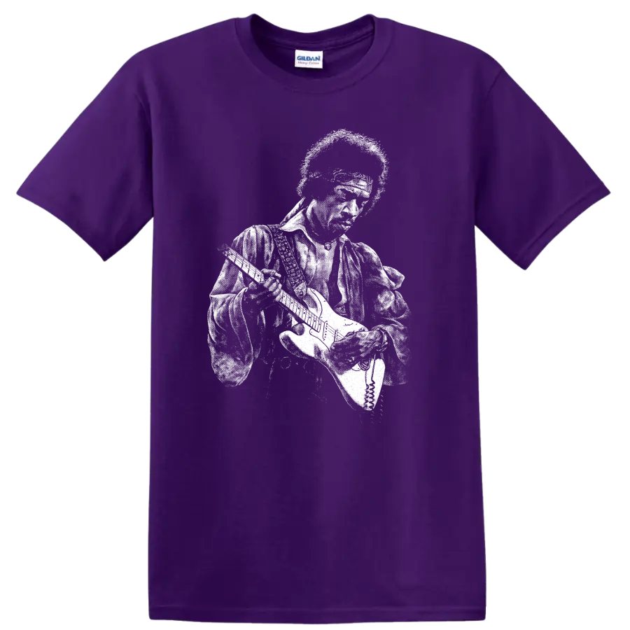 Jimi Hendrix Rock Legends Silhouette Portrait T Shirt on a Purple T Shirt