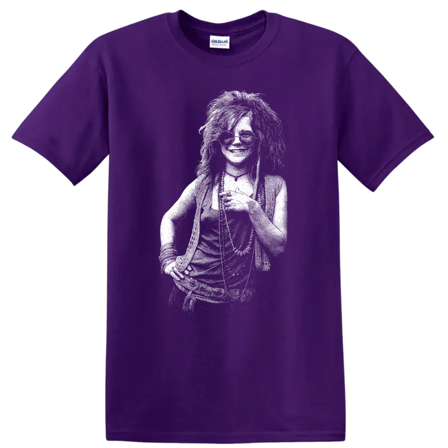 Janis Joplin Rock Legends Vintage Style T Shirt for Music Fans on a Purple T Shirt