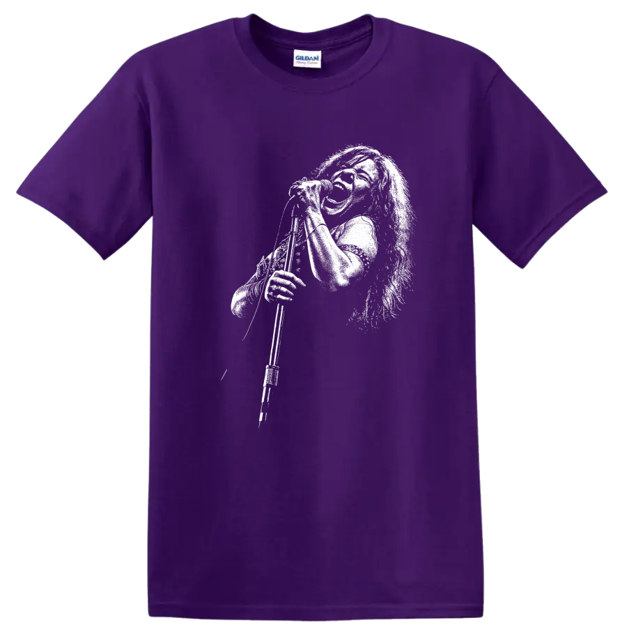 Janis Joplin Rock Legends Portrait T Shirt for Classic Music Fans on a Purple T Shirt