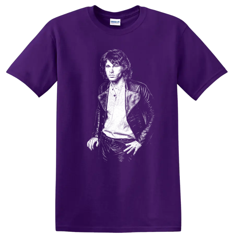 Jim Morrison The Doors Rock Legends Portrait T Shirt on a Purple T Shirt