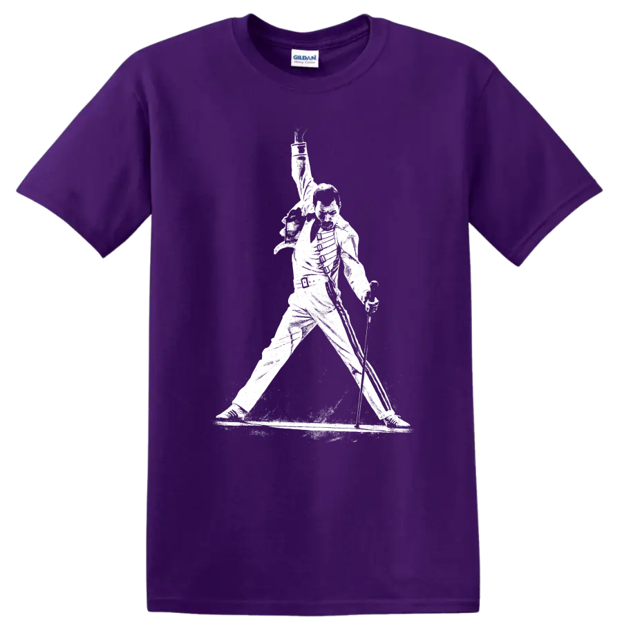 Freddie Mercury Queen Rock Legends Tribute T Shirt Unisex Music Fan Tee on a Purple T Shirt