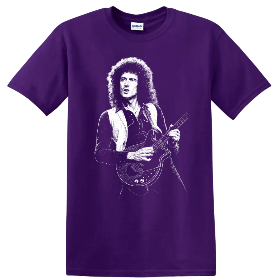 Brian May Queen Rock Legends Vintage Style T Shirt on a Purple T Shirt