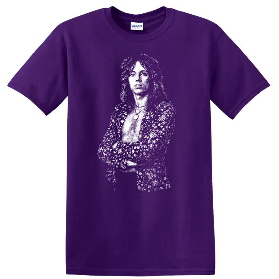 Roger Taylor Queen Rock Legends Silhouette Music Fan T Shirt on a Purple T Shirt