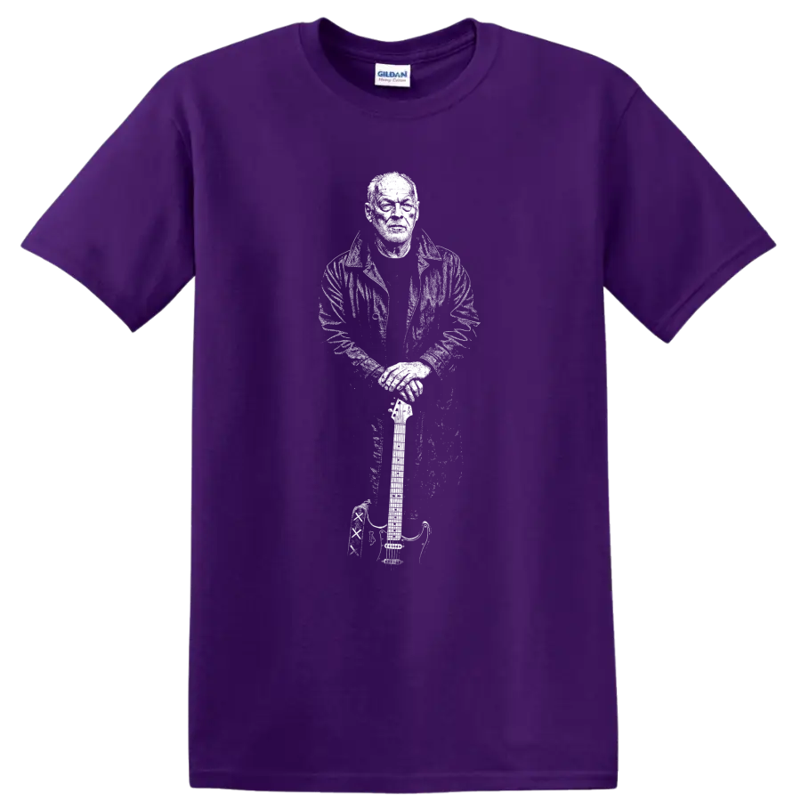 David Gilmour Pink Floyd Rock Legends Tribute T Shirt on a Purple T Shirt