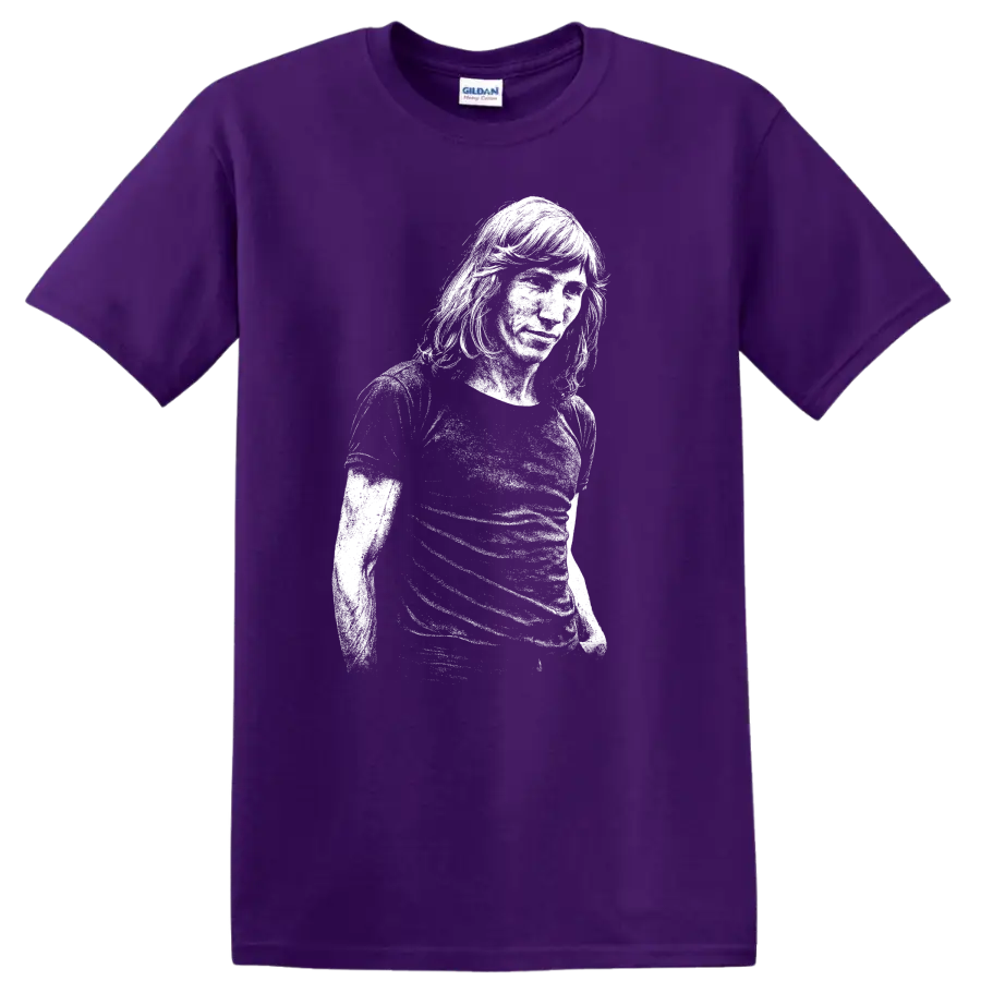 Roger Waters Pink Floyd Rock Legends Portrait T Shirt on a Purple T Shirt