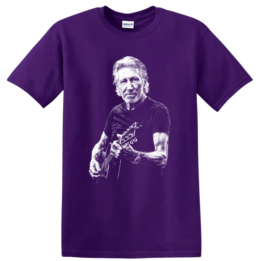 Roger Waters Pink Floyd Rock Legend Portrait T Shirt on a Purple T Shirt