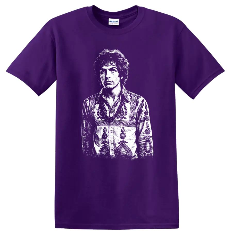 Syd Barrett Pink Floyd Rock Legends Portrait T Shirt on a Purple T Shirt