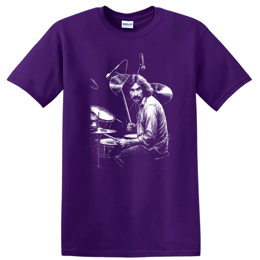 Nick Mason Pink Floyd Rock Legends T Shirt for Classic Rock Fans on a Purple T Shirt