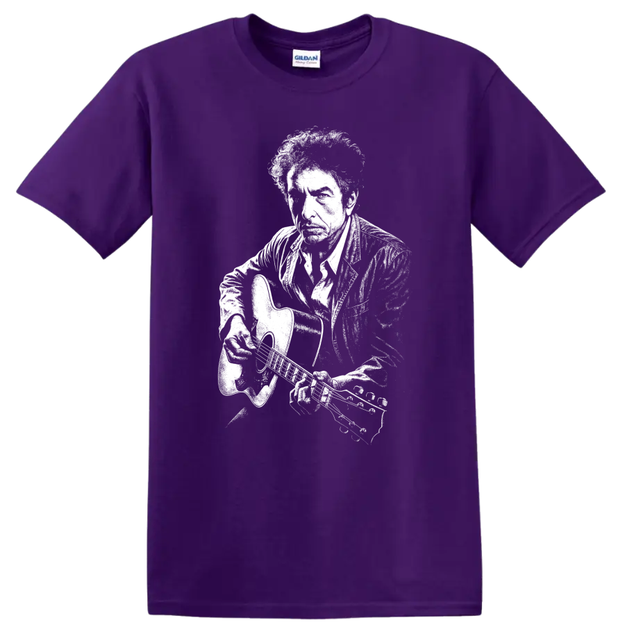 Bob Dylan Rock Legends Portrait T Shirt Classic Music Icon on a Purple T Shirt