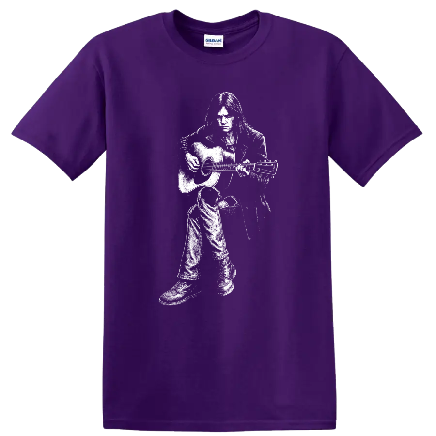 Neil Young Rock Legends Portrait T Shirt for Classic Music Fans on a Purple T Shirt