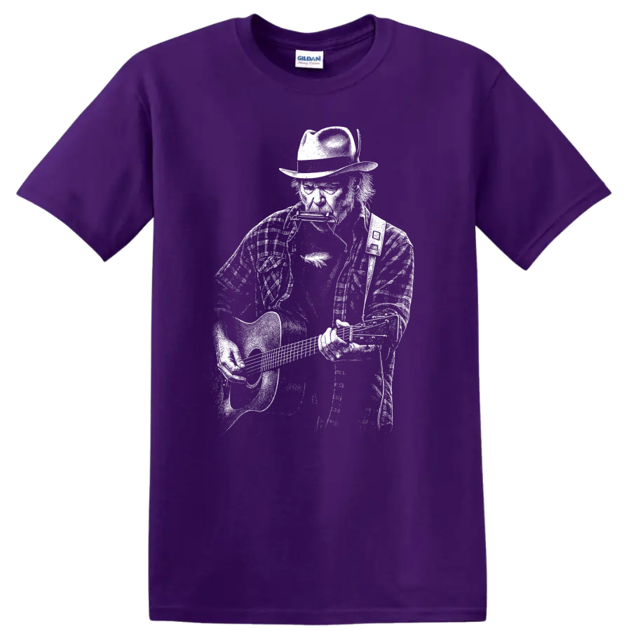 Neil Young Rock Legends T Shirt Vintage Music Fan Tribute on a Purple T Shirt