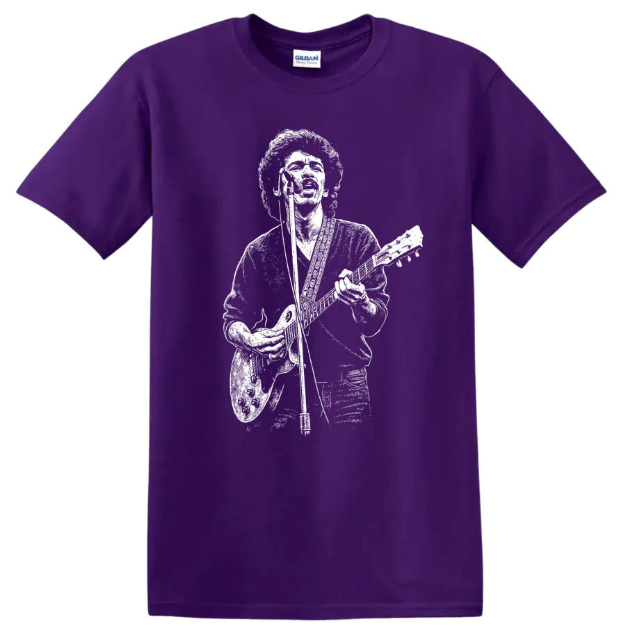 Carlos Santana Rock Legends Guitar Silhouette T Shirt on a Purple T Shirt
