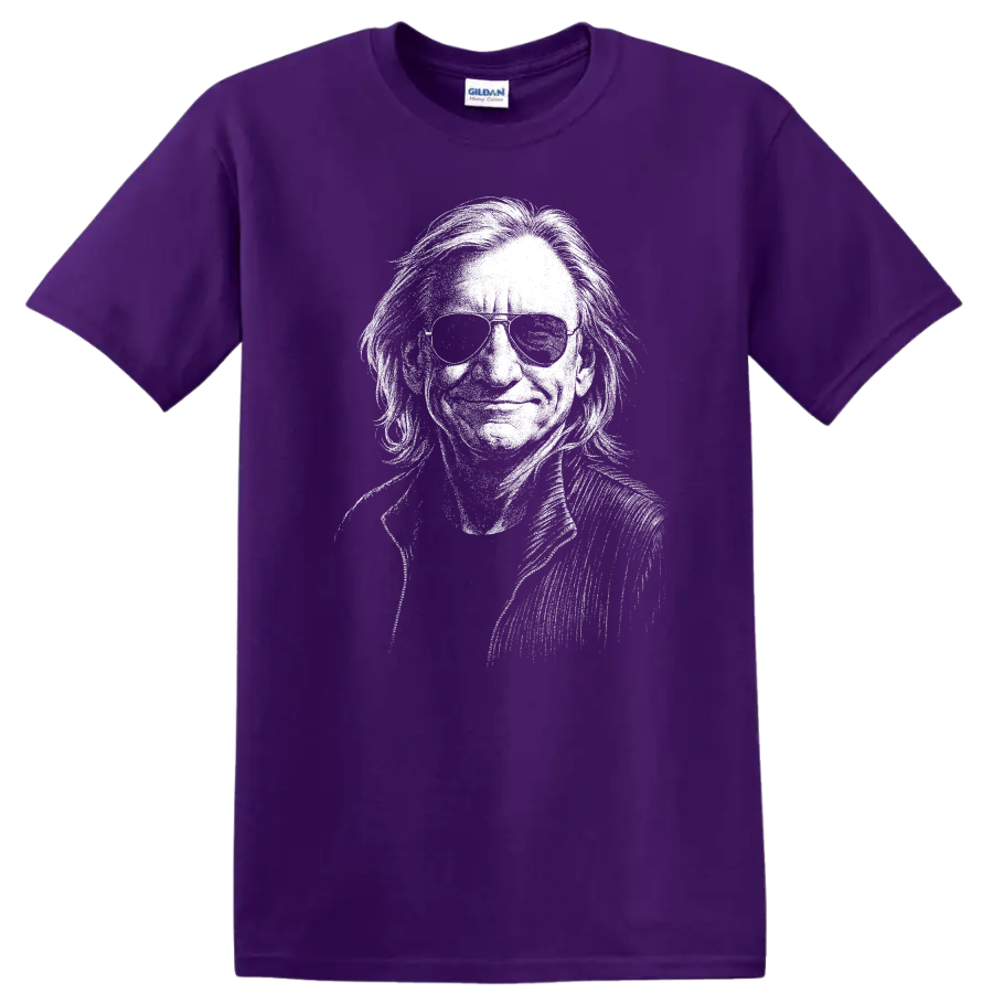 Joe Walsh Eagles Rock Legends Distressed Portrait T Shirt on a Purple T Shirt