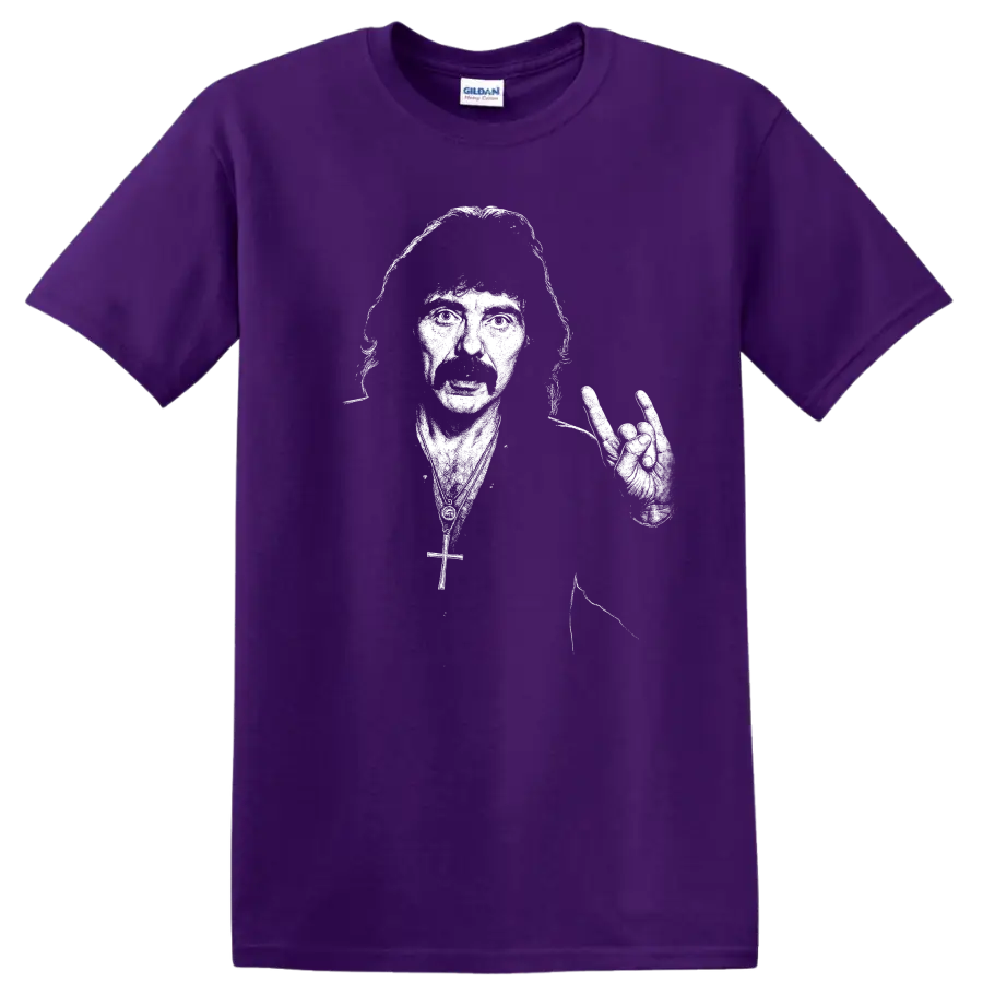 Tony Iommi Black Sabbath Rock Legends Tribute T Shirt on a Purple T Shirt