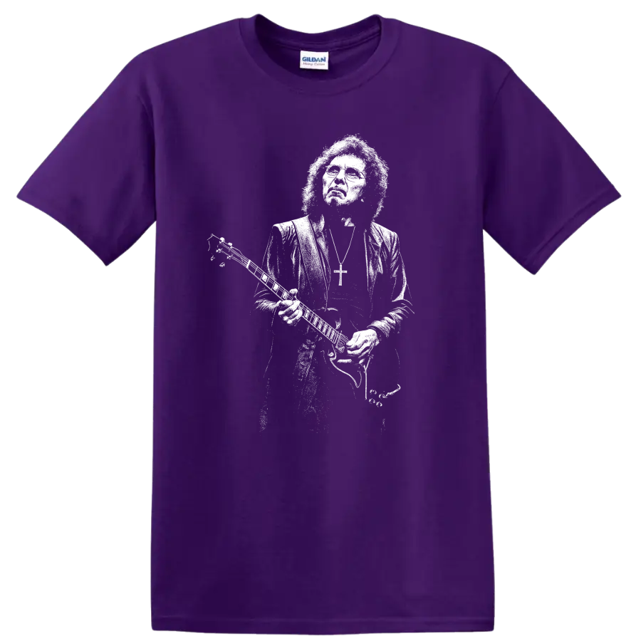 Tony Iommi Black Sabbath Rock Legends Graphic T Shirt on a Purple T Shirt