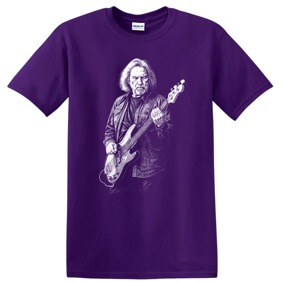 Geezer Butler Black Sabbath Rock Legends T Shirt Vintage Music Fan Tee on a Purple T Shirt