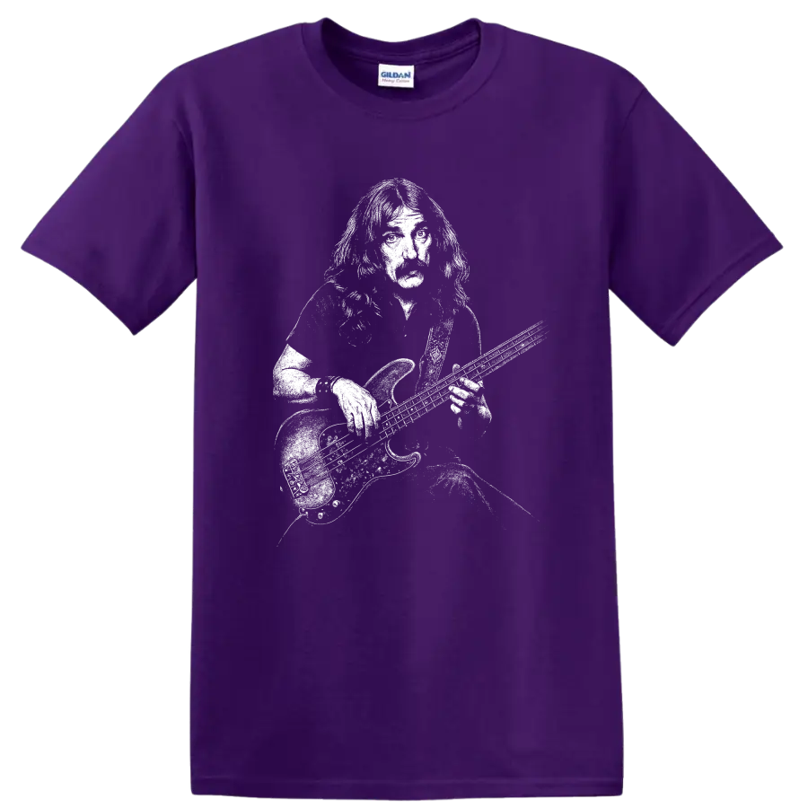 Geezer Butler Black Sabbath Rock Legends T Shirt for Classic Metal Fans on a Purple T Shirt