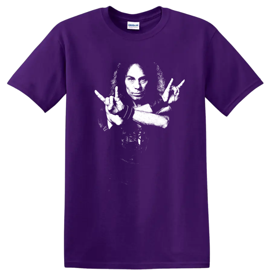 Ronnie James Dio Black Sabbath Rainbow Rock Legend T Shirt on a Purple T Shirt