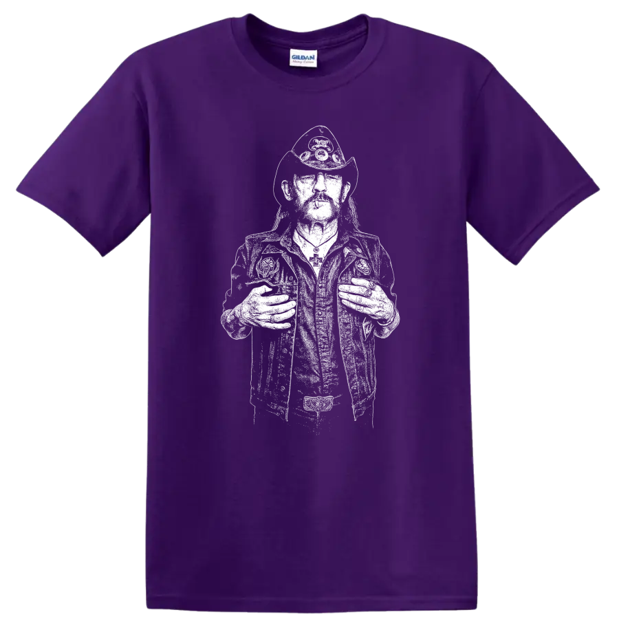 Lemmy Kilmister Motörhead Rock Legends Tribute T Shirt on a Purple T Shirt