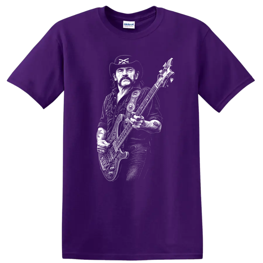 Lemmy Kilmister Motörhead Rock Legends Silhouette T Shirt on a Purple T Shirt